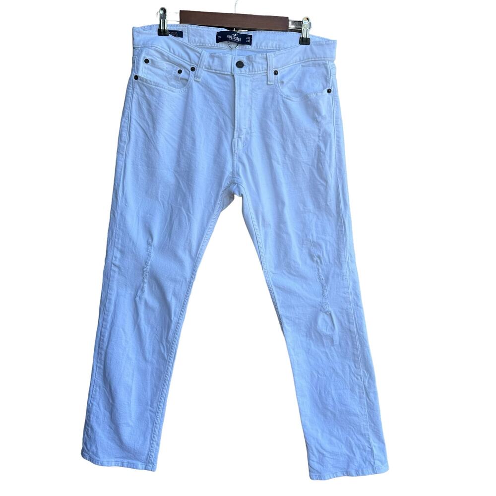 Hollister Men White Denim Slim Straight Epic Flex Distressed Ripped Jeans 32